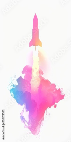 Minimal Vibrant Rocket Launch Illustration with Colorful Smoke Trails Ideal for Futuristic and Creative Designs