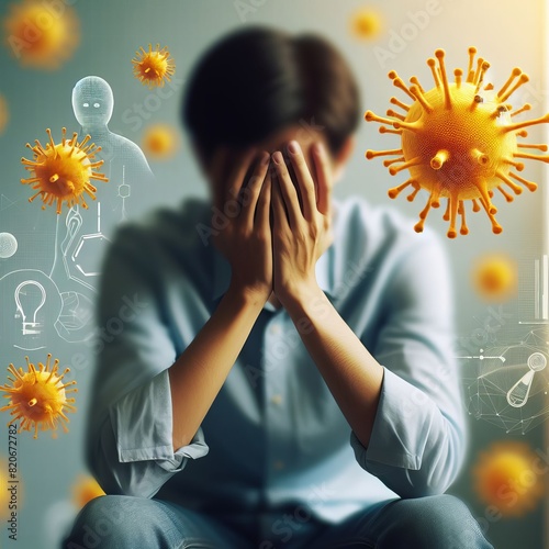 Conceptual image of a person surrounded by virus symbols, depicting stress and mental impact during a health crisis.. AI Generation photo