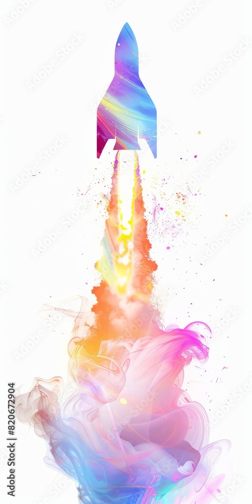 Obraz premium Minimal Vibrant Rocket Launch Illustration with Colorful Smoke Trails Ideal for Futuristic and Creative Designs