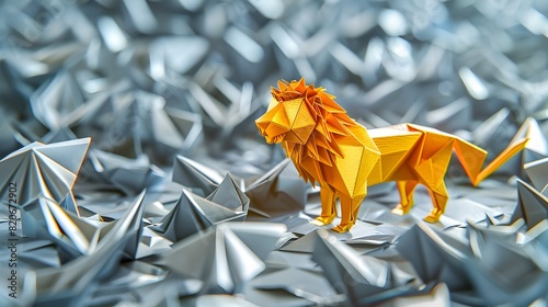 Golden Origami Lion Leading a Pride of Silver A Symbol of Unyielding Bravery and Majesty generative ai