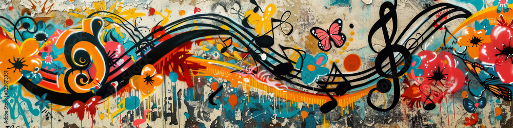 Naklejka premium Graffiti Wall with Musical Notes and Colorful Urban Art