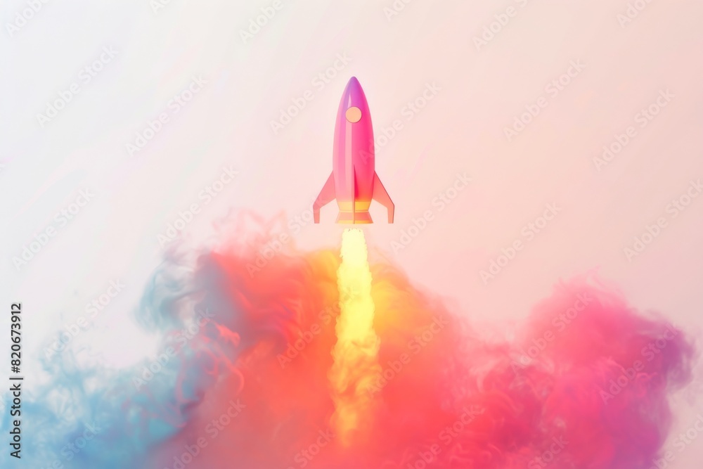 Obraz premium Minimal Vibrant Rocket Launch Illustration with Colorful Smoke Trails Ideal for Futuristic and Creative Designs