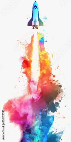 Minimal Vibrant Rocket Launch Illustration with Colorful Smoke Trails Ideal for Futuristic and Creative Designs