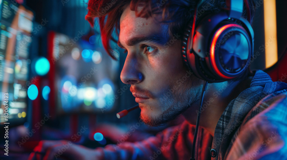 Young man gamer for computer games and game consoles sat in front of the screen. Player without emotions. Neon colors. Gaming addiction Young man gamer for computer games and game consoles sat in front of the screen. Player without emotions. Neon colors. Gaming addiction