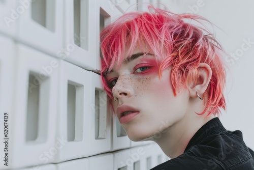 Young gay boy with pink hair and make-up leaning against a white wall with rectangular holes in modern style. The boy makes different expressions. Concept of equality and LGBTQ rights