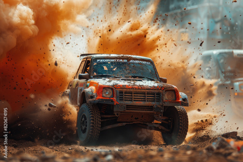Car rally. The car, taking part in the international rally championship, crosses off-road terrain at high speed, trying to win the race © syhin_stas