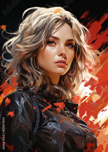 The painting depicts a woman with flowing long hair donning a stylish leather jacket. The artwork explores themes like Electric blue, Event, Wings, Layered hair, Art, and Darkness
