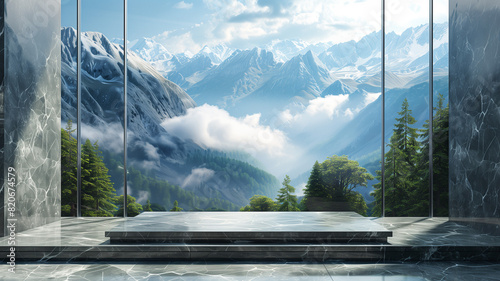 A stunning view of snow-capped mountains and lush forests  framed by sleek marble architecture