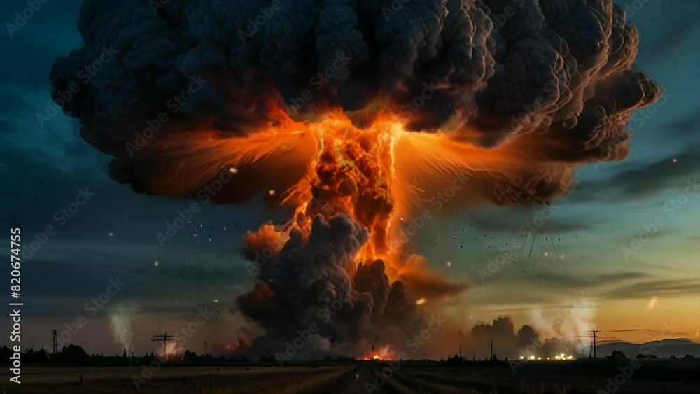 Witness a realistic nuclear explosion scene, portraying a massive mushroom-shaped blast. Nuclear bomb explosion effect video animation