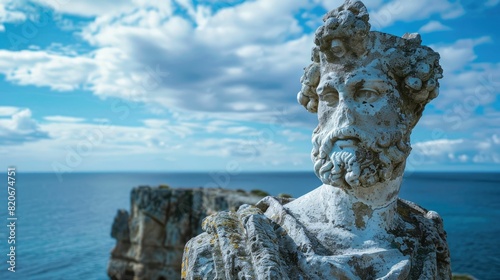 A sculpture of a woman on a rock  gazing out over the vast ocean in a serene natural landscape  with the sky and water blending seamlessly AIG50
