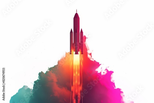 Minimal Vibrant Rocket Launch Illustration with Colorful Smoke Trails Ideal for Futuristic and Creative Designs photo