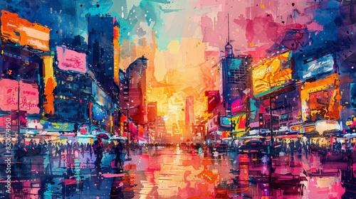 A lively and colorful watercolor painting in Fauvism style showcasing Bangkok s Siam Square area at sunset The painting features exaggerated colors and dynamic brushstrokes capturi