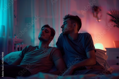 Depressed gay man sitting with closed eyes near boyfriend in bedroom at night, troubled relationship