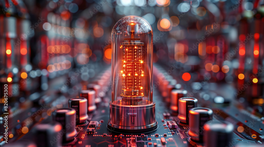 A futuristic glowing quantum computer unit. Technology and science concept
