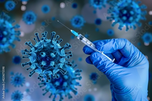 Doctor wear hand in blue gloves holding a syringe with liquid vaccines for children or older adults,Concept fight against virus covid-19 corona virus