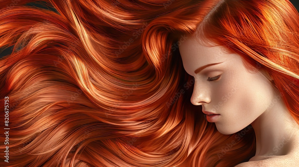 Captivating red haired woman showcasing luxurious long, silky hair in a stunning display Captivating red haired woman showcasing luxurious long, silky hair in a stunning display