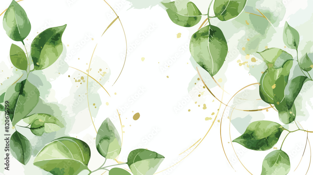 Watercolor green leaves with gold circles for wedding