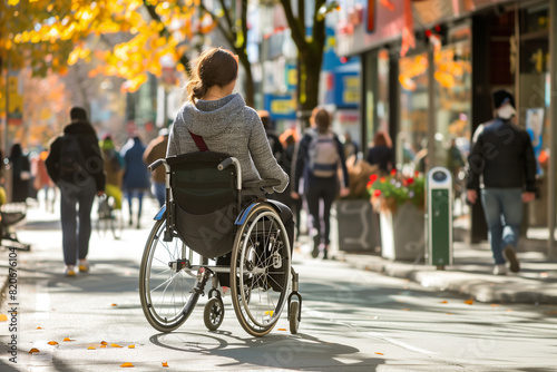 Wheelchair User Exploring a Vibrant Urban Street on a Sunny Day © artefacti