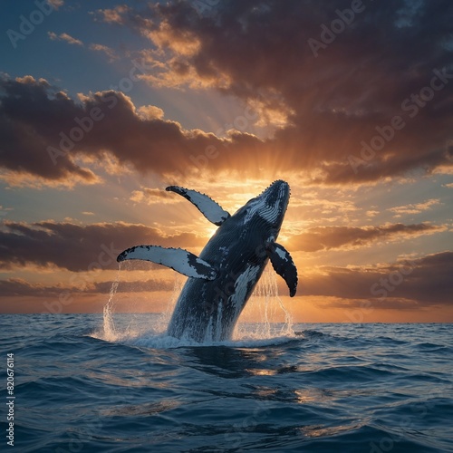 A majestic whale gliding through the ocean with a stunning sunset sky above.  © Muhammad