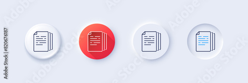 Copy documents line icon. Neumorphic, Red gradient, 3d pin buttons. Doc file duplicates sign. Office note symbol. Line icons. Neumorphic buttons with outline signs. Vector