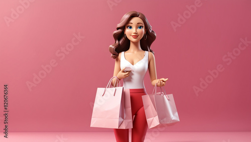 A 3D rendering of a woman holding a credit card and shopping bags.