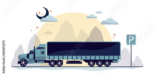 An American-style truck on the road, at night. pull the load. Transport topic. Road cars theme. for print, banner, postcard. art  vector illustration.