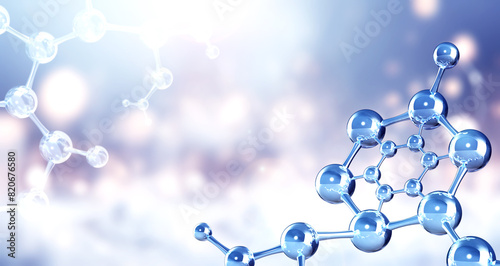 Horizontal banner with model of abstract molecular structure. Background of blue color with glass atom model. Copy space for your text. 3d render