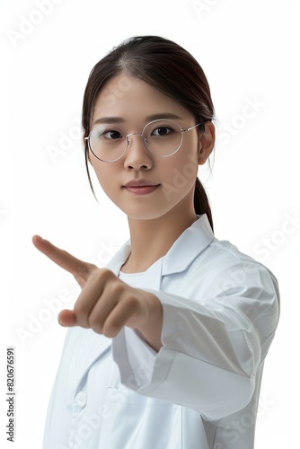 Scientist's Lab Outfit: Full face no crop of a Pretty Young Chinese Super Model in Lab Coat and Safety Glasses, emanating scientific expertise with a focused expression