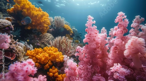 Flower sea living coral and reef color under deep dark water of sea ocean environment. photo