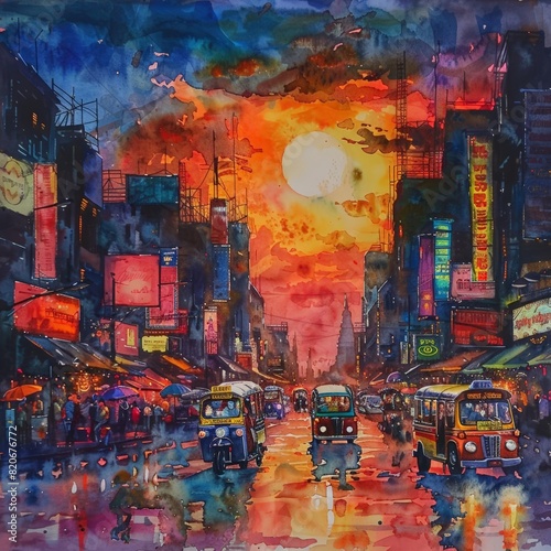 A watercolor painting in Fauvism style depicting a bustling street in Bangkok at sunset The artwork features exaggerated colors and bold strokes