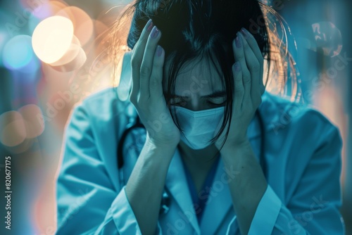An exhausted unrecognizable female doctor with her head in her hands. Health care workers being overworked during the Coronavirus (covid-19) pandemic concept image. photo