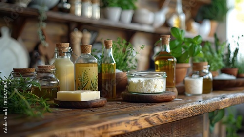 Different types of cooking fats like tallow, butter, and coconut oil in jars and dishes, displayed on a rustic kitchen counter with fresh herbs, cozy and inviting, photorealistic