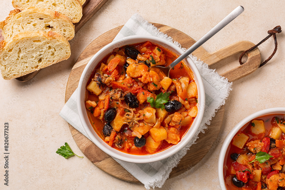 Fototapeta premium Top view of fish stew, made with anglerfish, seppia, tomato, olives and potato.