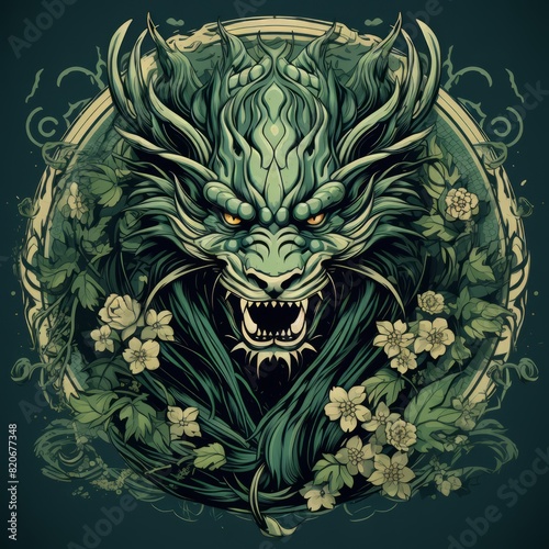 The image depicts a green dragon with horns amidst a backdrop of lush flowers and leaves, showcasing intricate artistry and creativity
