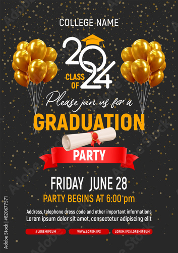Graduation party degree ceremony poster template, celebration event announcement design with 3d realistic golden balloons, diploma, dark background with place for text. Vector illustration
