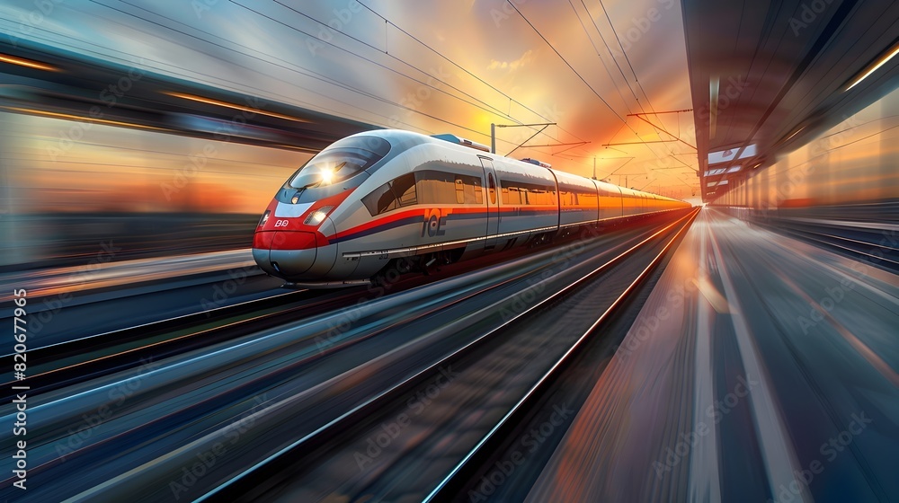 Sleek High-Speed Train Blurring by on a Futuristic Railway Track in a Digital Style Sleek High-Speed Train Blurring by on a Futuristic Railway Track in a Digital Style