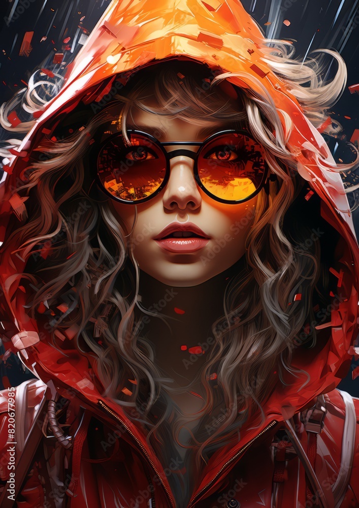 A woman is dressed in a red jacket with a hood and is wearing sunglasses. Keywords associated with this image include glasses, eyewear, protective equipment, and entertainment A woman is dressed in a red jacket with a hood and is wearing sunglasses. Keywords associated with this image include glasses, eyewear, protective equipment, and entertainment