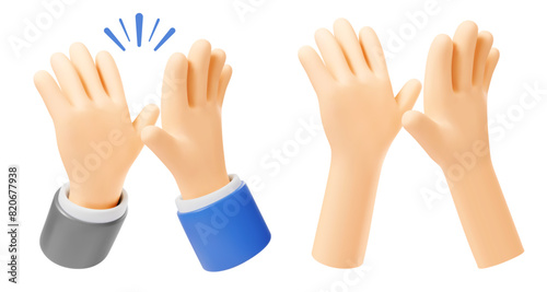 Two 3d realistic hands friendly clapping. High five or give me five gesture. Greetings symbol, concept of friendship, togetherness, success communication, good teamwork, agreement. Vector illustration
