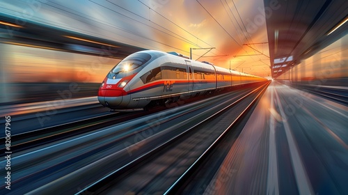 Sleek High-Speed Train Blurring by on a Futuristic Railway Track in a Digital Style © Jirapron