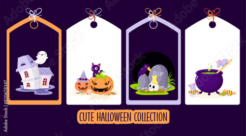 Calm autumn season. Set of tag in with Halloween characters. Collection of label with Mice and witch cauldron, ghost in haunted house, raven and skull at grave, black cat on pumpkins. Vector EPS8