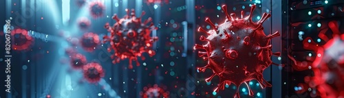 3D rendering of virus cells in digital environment, representing cyber security threat or medical virus research background.
