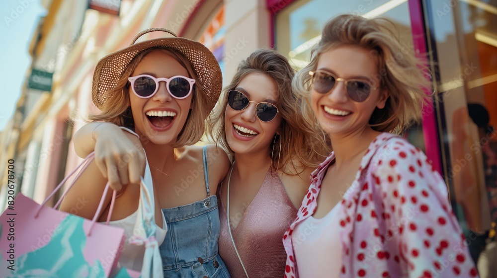 Three happy women are shopping together outdoors on a sunny summer day, enjoying a leisurely and cheerful time filled with laughter. They embrace a vibrant atmosphere on their joyful outing