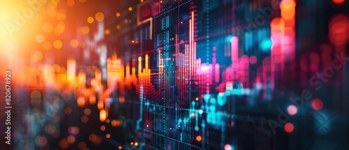 Colorful abstract financial graph on digital screen, representing stock market trends and data analysis.