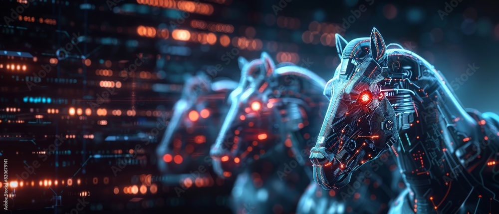 Futuristic robotic horse heads with glowing red eyes in a digital ...