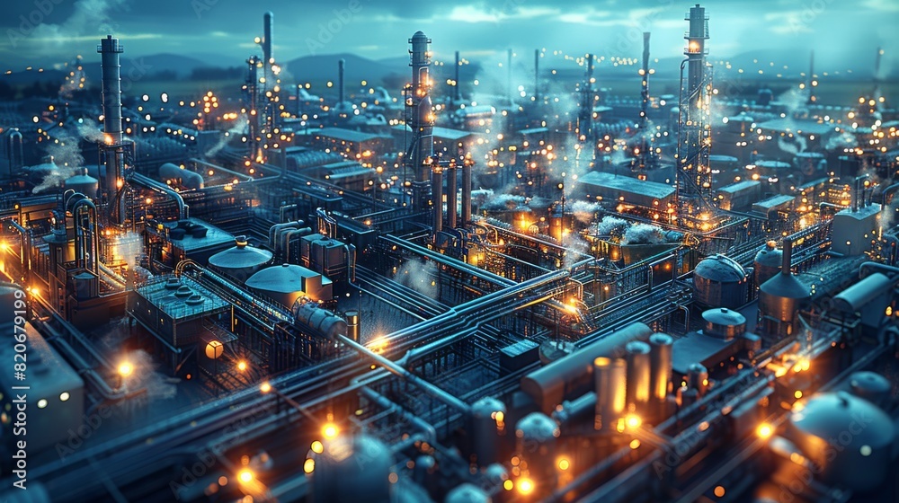 Fototapeta premium A cluster of factories that appear thriving and full of vitality, with a blue hue, translucent fluorescent, Glow particle, Optical Flares, clear background. Drone view. Generative AI.