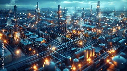 Wallpaper Mural A cluster of factories that appear thriving and full of vitality, with a blue hue, translucent fluorescent, Glow particle, Optical Flares, clear background. Drone view. Generative AI. Torontodigital.ca