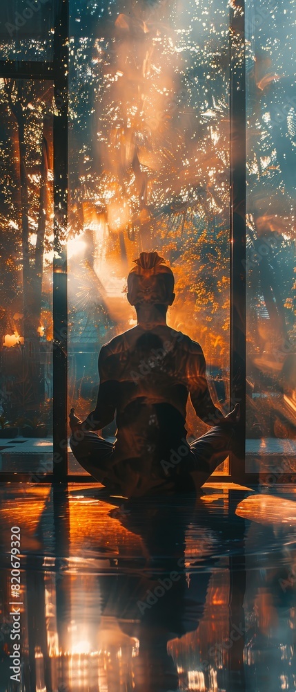 Serene silhouette meditating by the window, bathed in ethereal light reflecting tranquility and mindfulness in a peaceful setting.