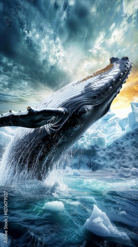 Majestic whale breaching water against dramatic icy backdrop at dawn. Created with Generative AI.