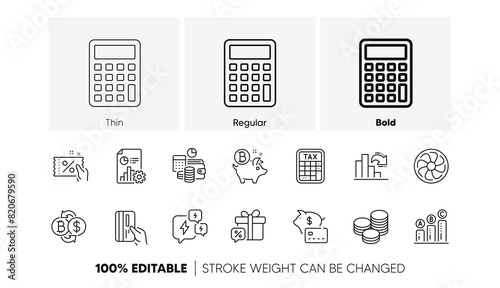 Budget accounting, Decreasing graph and Calculator line icons. Pack of Report, Discount coupon, Sale gift icon. Stress, Bitcoin exchange, Bitcoin coin pictogram. Graph chart. Line icons. Vector