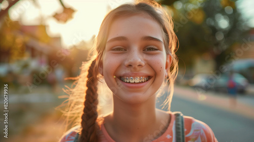 A young person with braces does not want to smile in photos because he or she is afraid that his or her metallic smile will attract unwanted attention and be mocked by peers. © Sawyer0